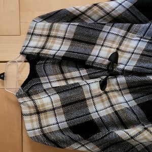 Plaid poncho black/brown/white shawl wrap frayed edge